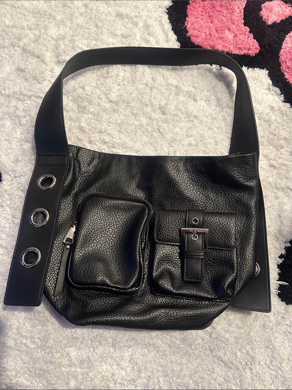 STEVE MADDEN Black Leather Shoulder Bag with Front Pockets